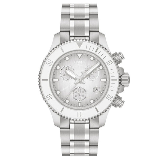 Displayed against a white background, the Tissot Seastar 1000 Quartz 38mm Watch showcases a stainless-steel case, three subdials, a rotating bezel, and a metal link bracelet. Crafted by Tissot, this elegant timepiece features a precise Swiss quartz chronograph movement.