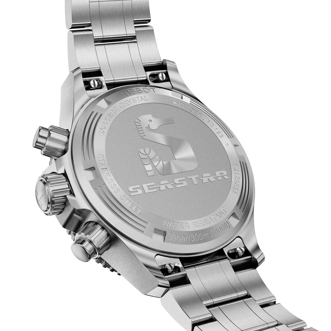 Back of a stainless steel Tissot Seastar 1000 Quartz 38mm watch showing the engraved logo, specifications, and water resistance details; this water-resistant Tissot watch features a 38mm stainless-steel case, convenient buttons, and a brushed metal bracelet.
