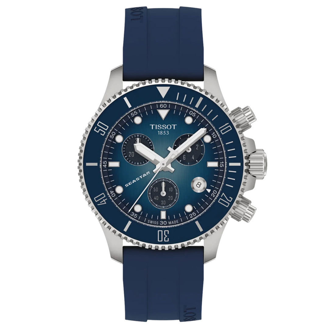 The Tissot Seastar 1000 Quartz 38mm Watch by Tissot features a bold blue rubber strap, an eye-catching blue gradient Seastar dial with three subdials, white hour markers, and a silver bezel complemented by three prominent side crowns. This men's watch also offers a tachymeter scale, striking white hands, and is powered by an accurate Swiss quartz chronograph movement.