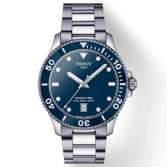 The Tissot Seastar 1000 Quartz 40mm Watch exemplifies Swiss watchmaking excellence. Its stainless steel construction houses a blue dial featuring white hour markers, a date window positioned at 6 o'clock, and a textured rotating bezel. With water resistance up to 30 bar (300m/1000ft), it is ideal for underwater exploration.