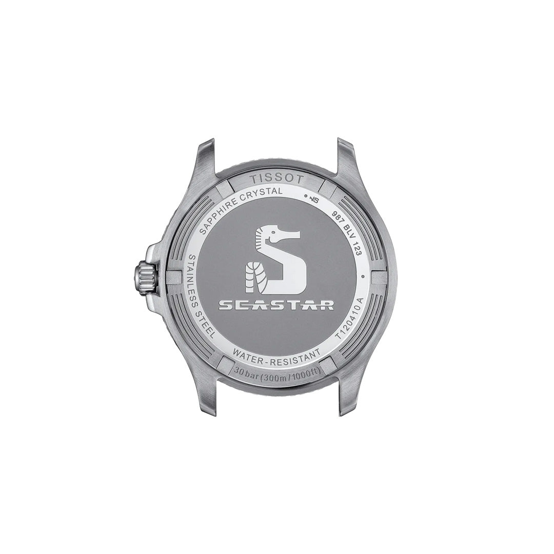 Back view of the Tissot Seastar 1000 Quartz 40mm Watch case by Tissot, showcasing the Seastar logo with a seahorse and engraved details including 300m water resistance, sapphire crystal, and stainless steel—signature elements of Swiss watchmaking excellence.