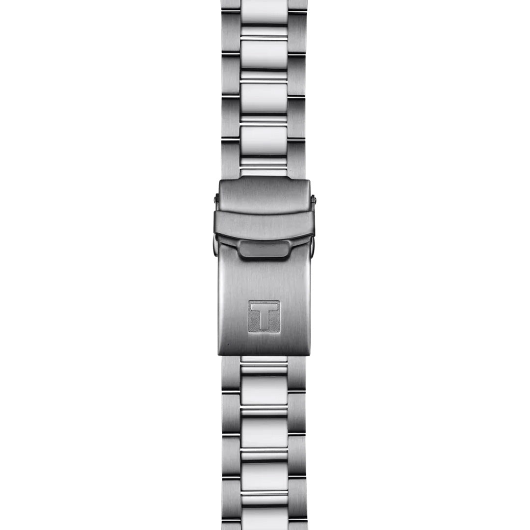 Experience Swiss watchmaking excellence with the Tissot Seastar 1000 Quartz 40mm Watch, featuring a stainless steel bracelet and a folding clasp adorned with a rectangular engraving of the letter "T"—expertly crafted to complement this signature Tissot timepiece.