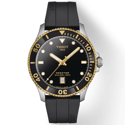 The Tissot Seastar 1000 Quartz 40mm Watch exemplifies Swiss watchmaking excellence, showcasing a black dial paired with a gold bezel and complemented by a black rubber strap. It features a date display at the six o'clock position, along with gold hour markers and hands. This watch boasts remarkable water resistance, capable of withstanding up to 30 bar (300 meters/1000 feet).