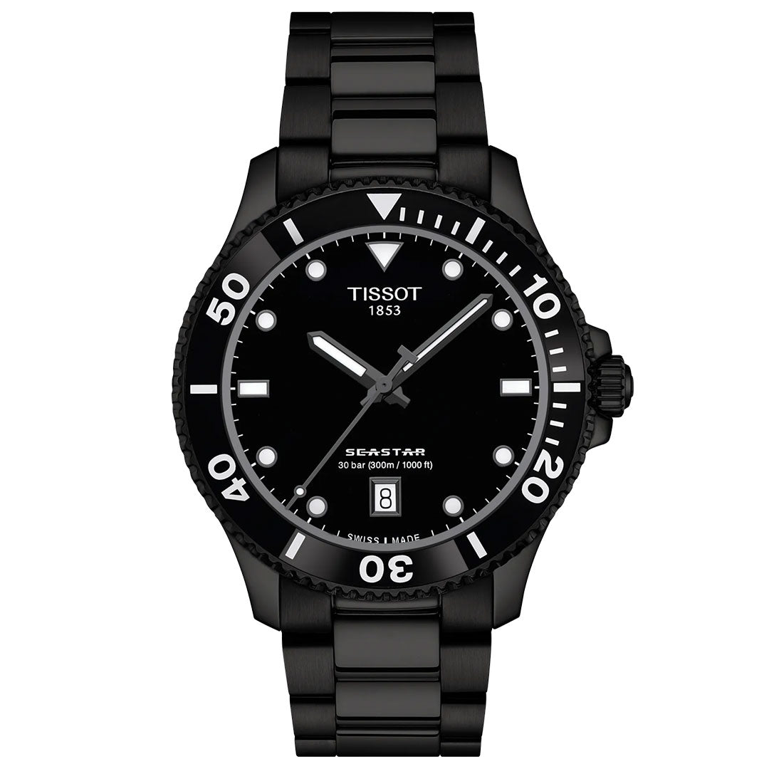 The Tissot Seastar 1000 Quartz 40mm Watch features a black dial, white markers, date window at 6 o’clock, metal band, and diving bezel. Swiss-made, by Tissot, this watch offers water resistance up to 300 metres.