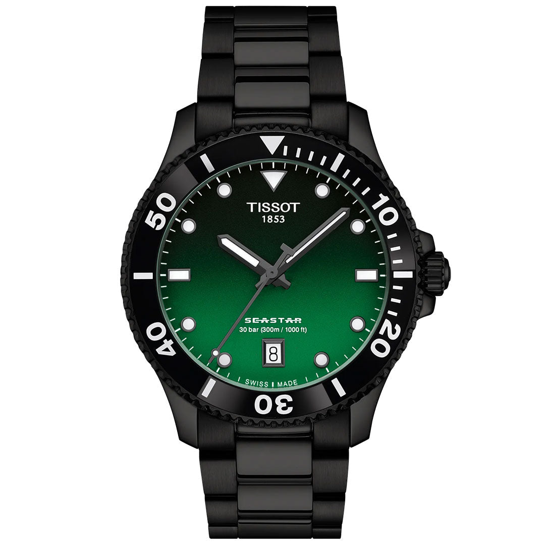 The Tissot Seastar 1000 Quartz 40mm Watch features a black metal band, green gradient dial, Swiss craftsmanship, white hour markers, date at 6 o'clock, and 300m water resistance.
