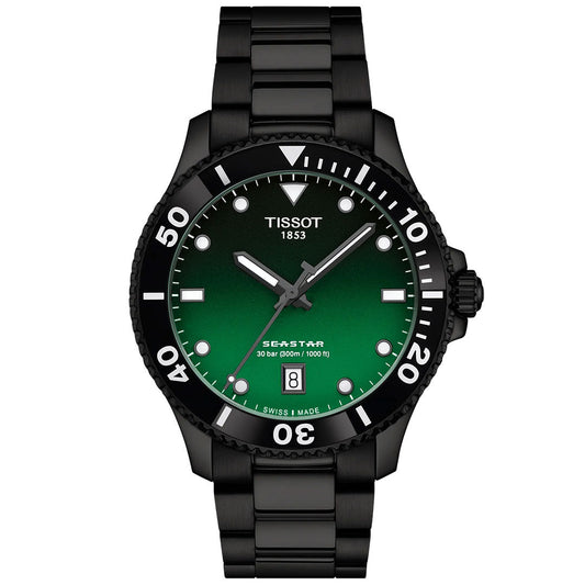 The Tissot Seastar 1000 Quartz 40mm Watch features a black metal band, green gradient dial, Swiss craftsmanship, white hour markers, date at 6 o'clock, and 300m water resistance.