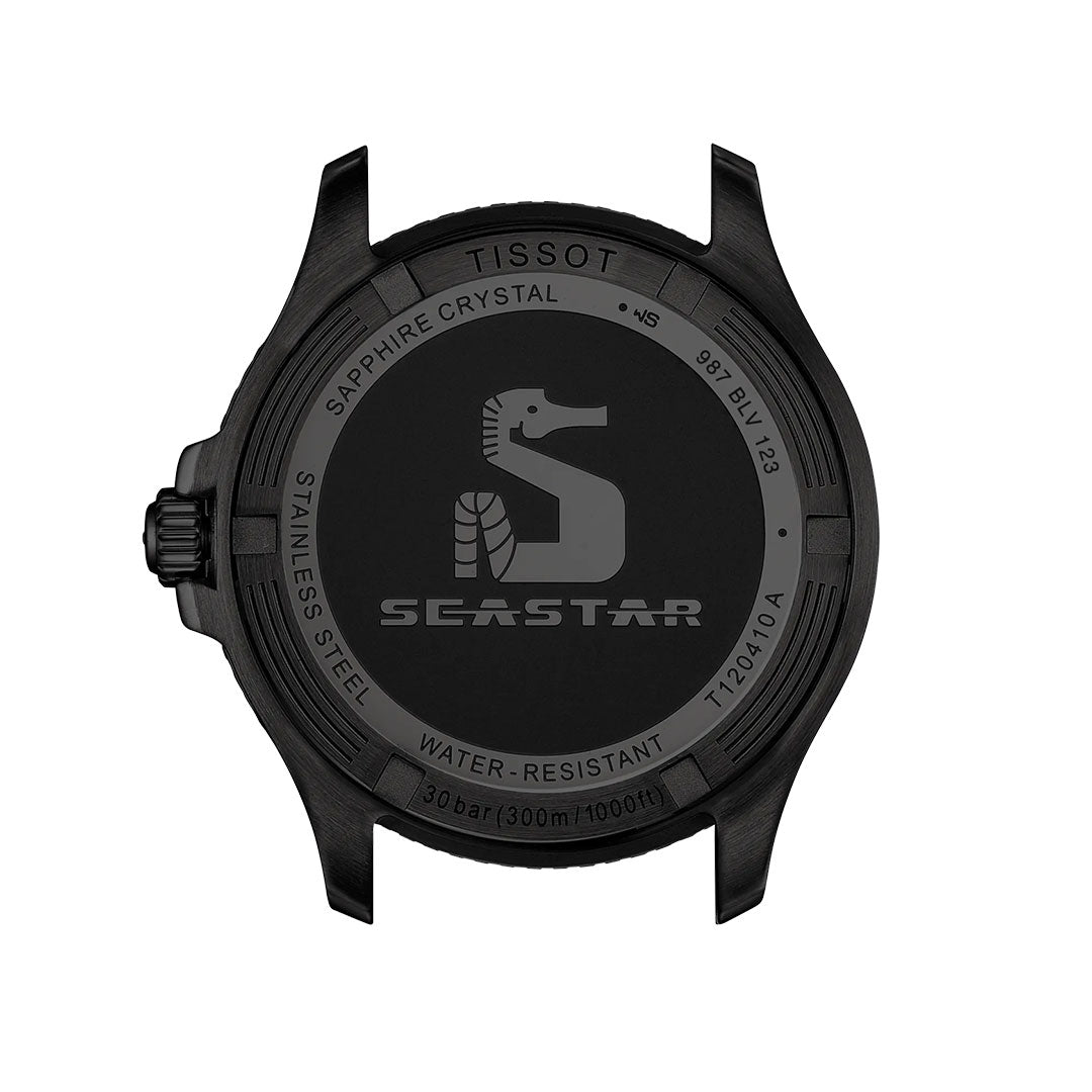 The back of the Tissot Seastar 1000 Quartz 40mm Watch features the seahorse logo, Swiss details, “Sapphire Crystal,” “Stainless Steel,” 300m water resistance, model T120410 A, and other specs engraved.