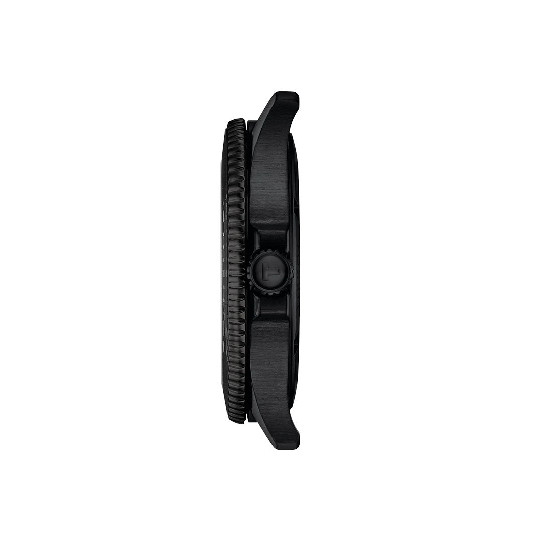 Side view of the Tissot Seastar 1000 Quartz 40mm Watch with a textured bezel and protruding crown, highlighting Swiss craftsmanship and 300m water resistance, set against a plain white background.