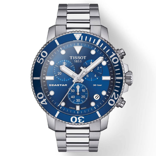 The Tissot Seastar 1000 Chronograph Quartz 45.5mm Watch by Tissot features a stunning blue dial and bezel accented with white hour markers and hands. This watch includes Swiss quartz movement, three subdials, a date window near the 4 o'clock position, water resistance, and is protected by scratch-resistant sapphire crystal encased in stainless steel with a bracelet design.
