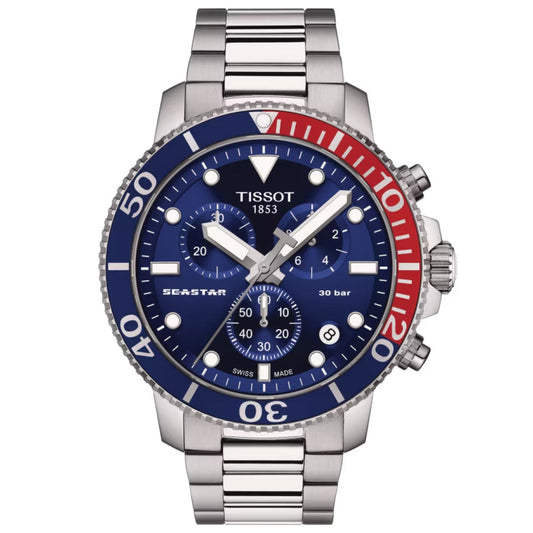 The Tissot Seastar 1000 Chronograph Quartz 45.5mm Watch features a stylish blue dial, silver and white hour markers, and a striking red and blue rotating bezel. With its Swiss Quartz Movement, three sub-dials, date window, and water resistance up to 30 bar, this stainless steel watch is ideal for aquatic adventures.