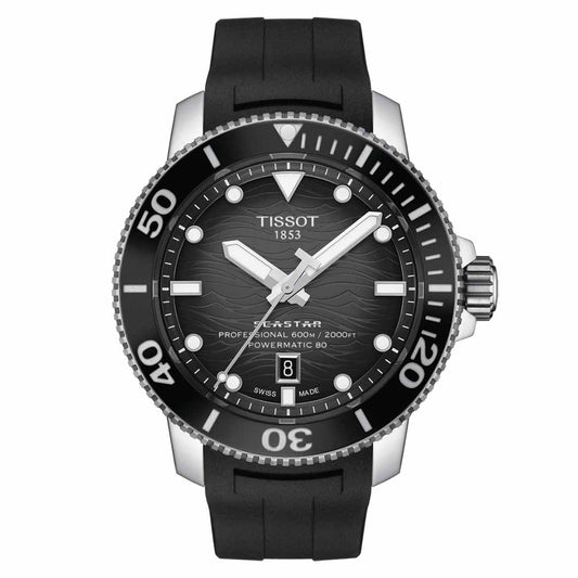 The Tissot Seastar 2000 Professional Powermatic 80 Automatic 46mm Watch features a black dial accentuated with silver-tone markers and hands. Its maritime design is enhanced by a black bezel with white numerals, a date window positioned at 6 o'clock, and an elegant black rubber strap.