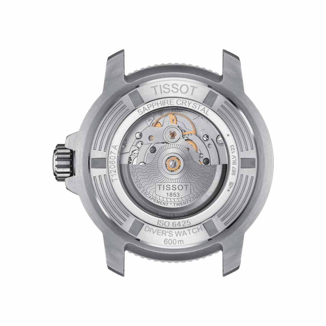 The back of the Tissot Seastar 2000 Professional Powermatic 80 Automatic 46mm Watch showcases its nautical style with a visible mechanical movement inside. It features sapphire crystal and engravings like "Diver's Watch" and "600m," all encased in a sleek metal finish, making it ideal for any dive watch enthusiast.