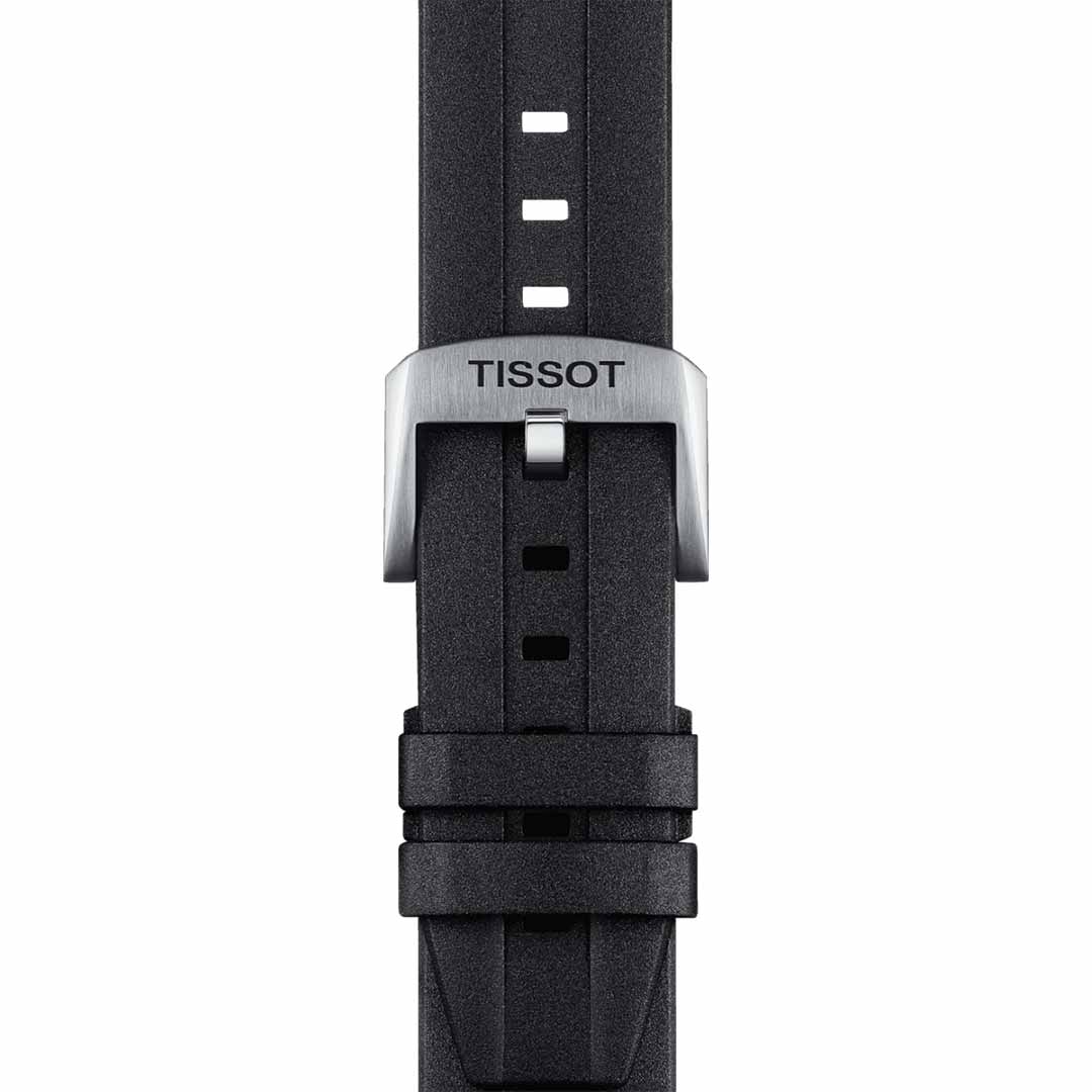 A detailed view of a black watch strap with a silver buckle displaying the brand "Tissot," part of the Tissot Seastar 2000 Professional Powermatic 80 Automatic 46mm Watch collection. With a nautical-inspired design, the strap features multiple adjustment holes and two loops to secure the end. The image is presented against a plain white background, enhancing its dive watch allure.