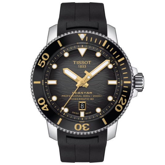 The Tissot Seastar 2000 Professional Powermatic 80 Automatic 46mm Watch features a black dial with gold markers and is powered by the Powermatic 80 movement. Its bezel, highlighted with gold numerals, beautifully complements the rubber strap. The watch proudly displays "Tissot 1853" and includes a depth rating along with a date window located at the 6 o'clock position.