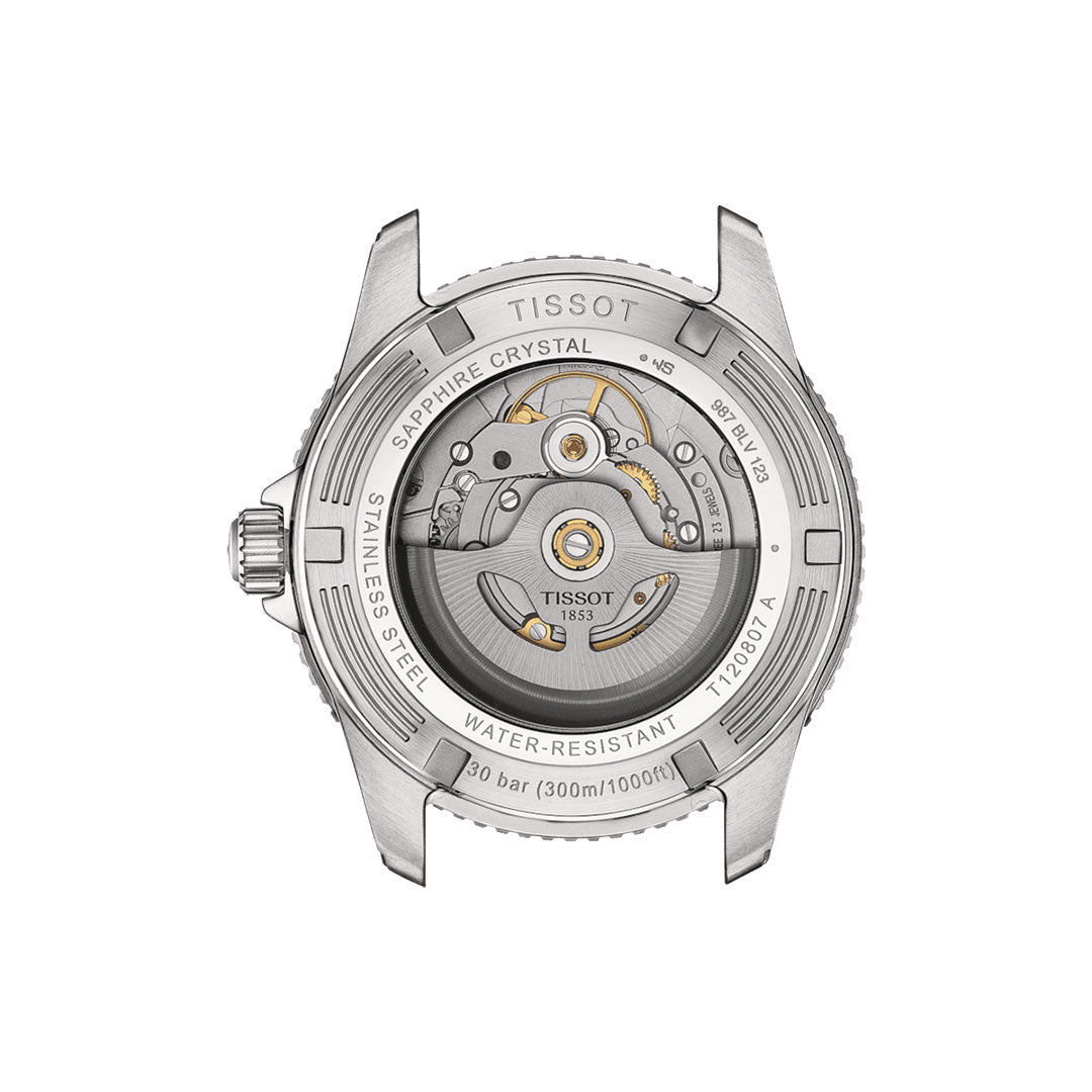 The back of the Tissot Seastar 1000 Powermatic 80 Automatic 40mm Watch showcases its stainless steel casing and sapphire crystal. Water-resistant up to 1000 feet, it boasts a Powermatic 80 movement with visible gears that dazzle alongside Super-LumiNova® details. The model number T120.607.A is elegantly engraved on the edge.