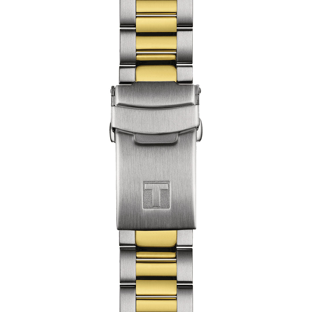 Close-up of the Tissot Seastar 1000 Powermatic 80 Automatic 40mm Watch clasp, showcasing a blend of stainless steel and gold-tone links. The embossed "T" logo enhances its elegant design, while the Powermatic 80 movement adds precision to the timepiece.