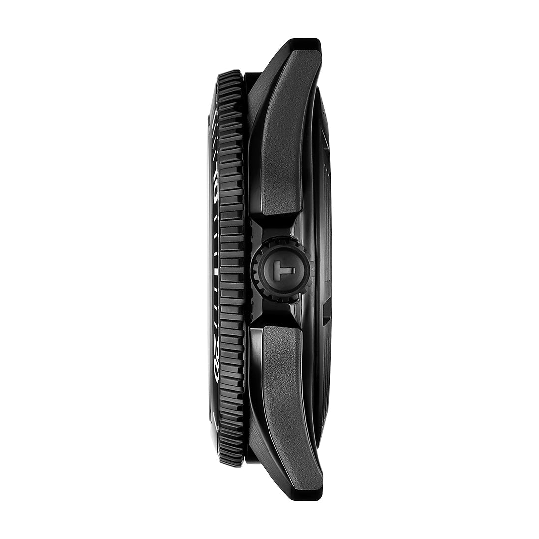 Side view of the Tissot Seastar 1000 Powermatic 80 Automatic 40mm Watch, showcasing its textured bezel, signature crown, robust lugs, and Swiss automatic movement—all reflecting Tissot’s rugged yet refined design.