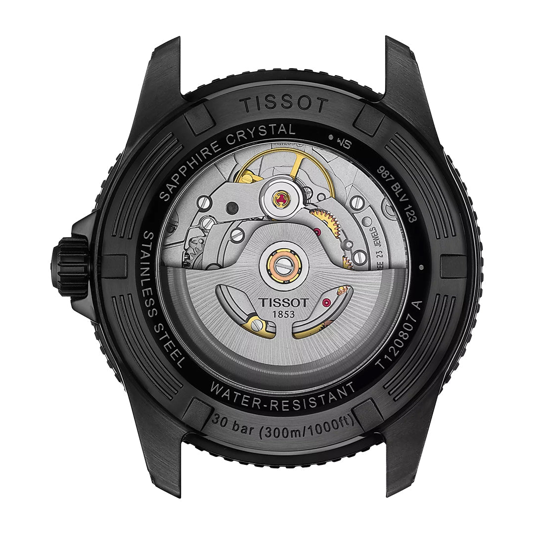 Close-up of the Tissot Seastar 1000 Powermatic 80 Automatic 40mm Watch back, displaying its Swiss automatic movement, Tissot branding, scratch-resistant sapphire crystal, stainless steel case, and 300m water resistance engravings.