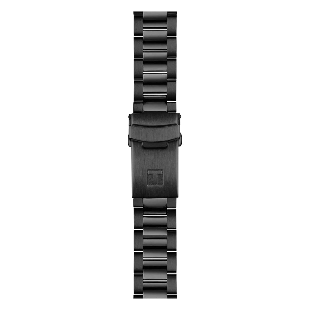 A black metal watch band with brushed finish and rectangular links, shown vertically on white, perfect for pairing with the Tissot Seastar 1000 Powermatic 80 Automatic 40mm Watch.