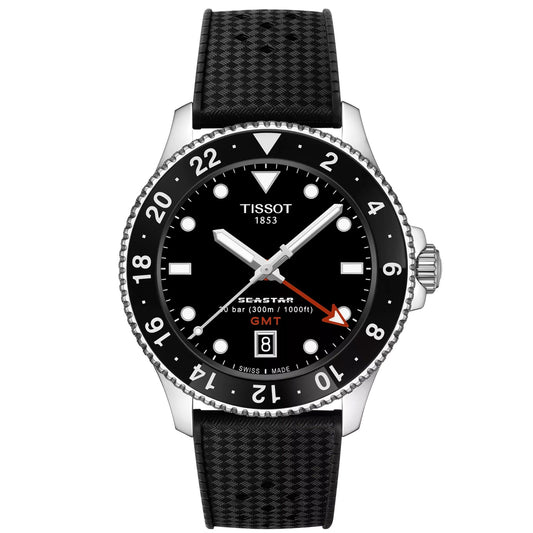 The Tissot Seastar 1000 Quartz GMT 40mm watch by Tissot features a black dial with white hour markers, a black rotating bezel, textured strap, orange GMT hand, date at 6 o’clock, and is water-resistant.