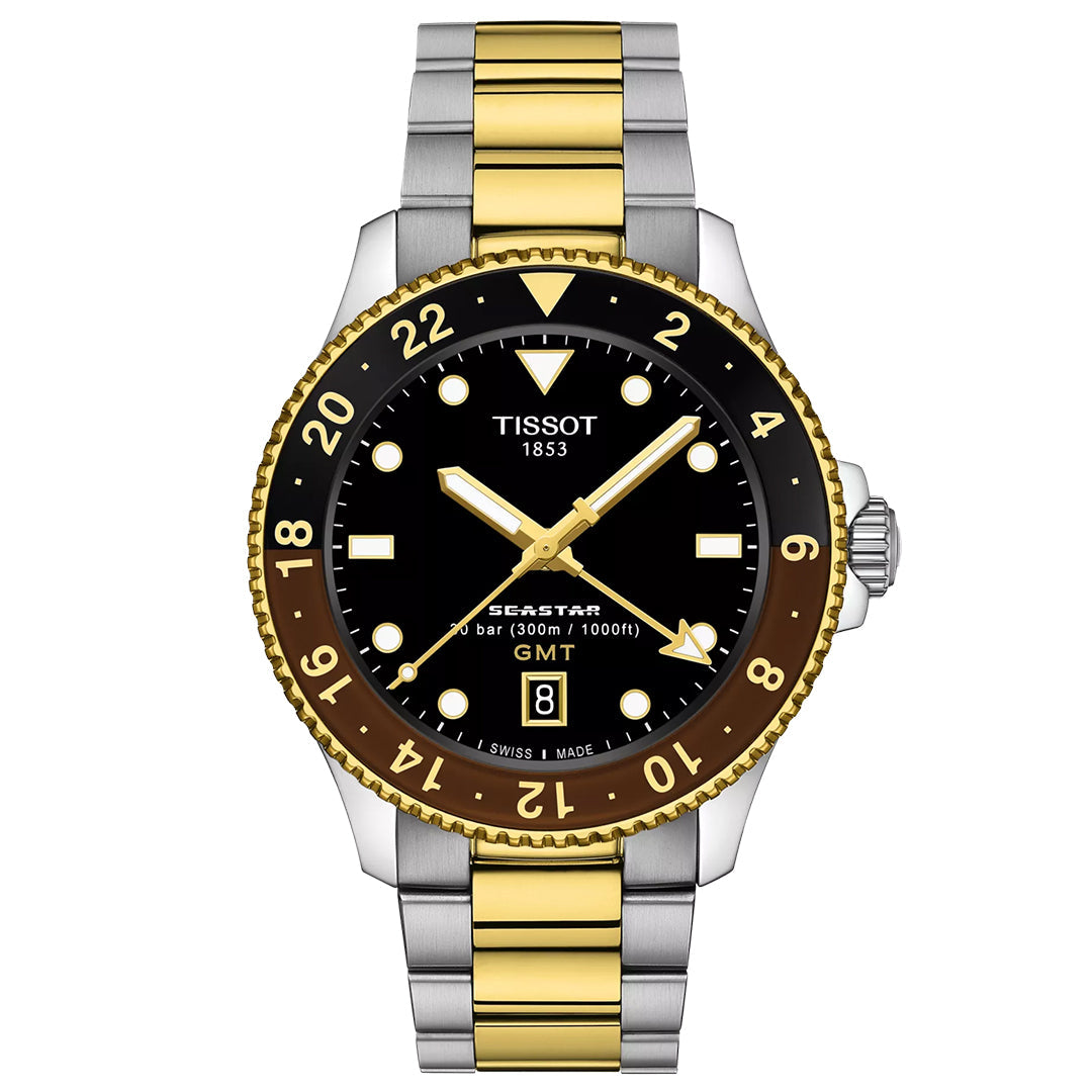 The Tissot Seastar 1000 Quartz GMT 40mm Watch features a two-tone stainless steel and gold bracelet, black dial with luminous markers, gold bezel, date at 6 o’clock, water-resistance marking, and Swiss quartz movement.