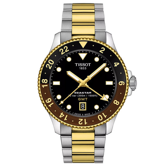 The Tissot Seastar 1000 Quartz GMT 40mm Watch features a two-tone stainless steel and gold bracelet, black dial with luminous markers, gold bezel, date at 6 o’clock, water-resistance marking, and Swiss quartz movement.