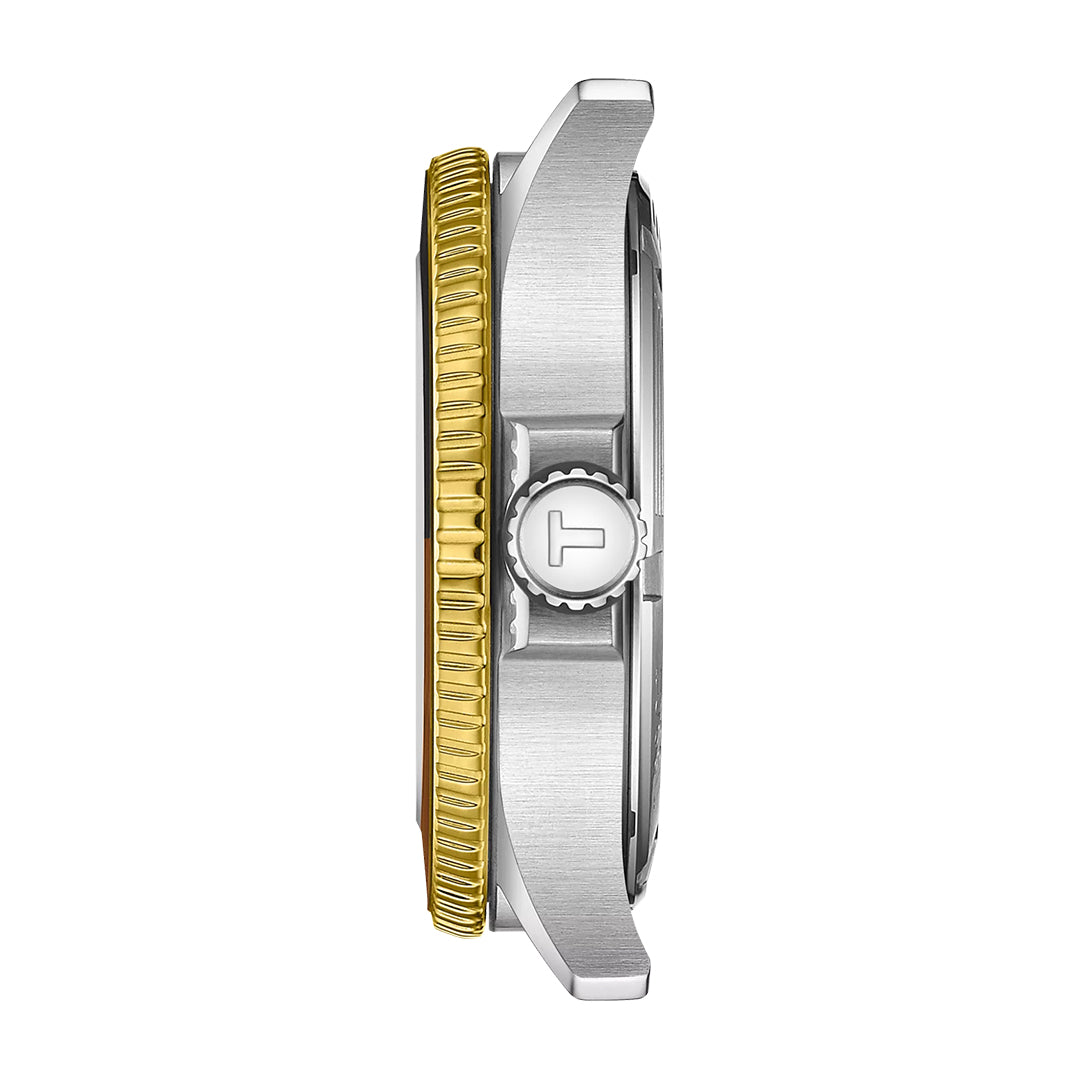Side view of the Tissot Seastar 1000 Quartz GMT 40mm Watch showcases its silver case, gold ridged bezel, "T" logo crown, metallic finish, thickness, and Swiss Made quartz movement.