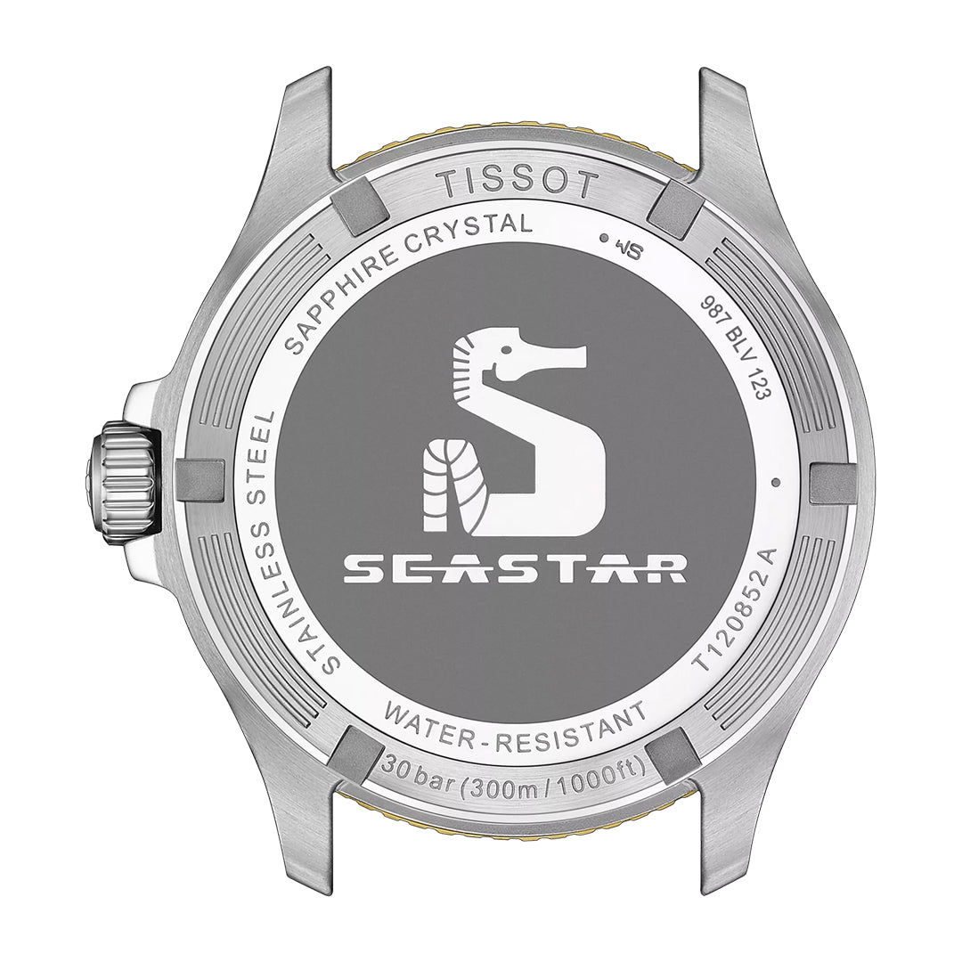 Back view of the Tissot Seastar 1000 Quartz GMT 40mm Watch features a seahorse logo, "Sapphire Crystal," "Stainless Steel," 30 bar (300m/1000ft) water-resistance, model numbers, and highlights its Swiss Made quartz movement.
