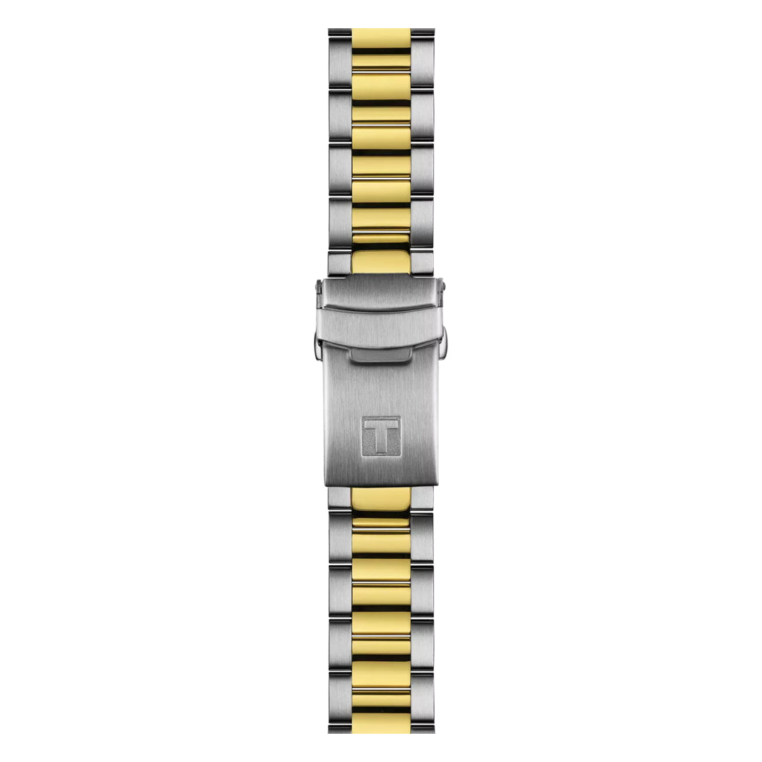 The Tissot Seastar 1000 Quartz GMT 40mm Watch features a two-tone metal sports band with alternating silver and gold links, a silver clasp engraved with the Tissot “T” logo, and a precise Swiss Made quartz movement.