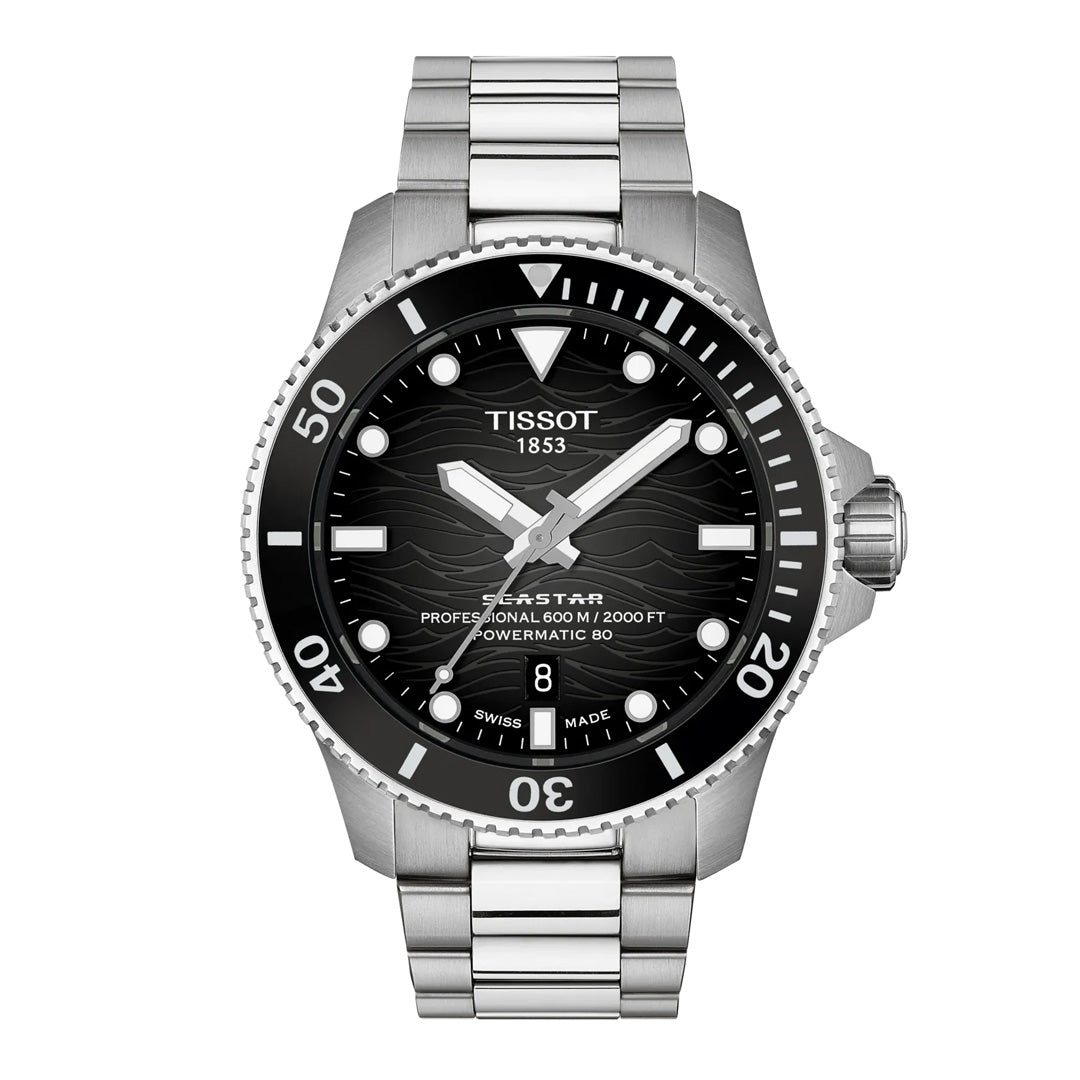 The Tissot Seastar 2000 Powermatic 80 Automatic 44mm Watch is a striking diving timepiece featuring a silver stainless steel bracelet, black dial with silver hour markers, date display at 6 o’clock, and a bold black bezel with white numerals. Expertly crafted for both precision and style, this automatic watch from Tissot is designed to accompany you on any adventure.
