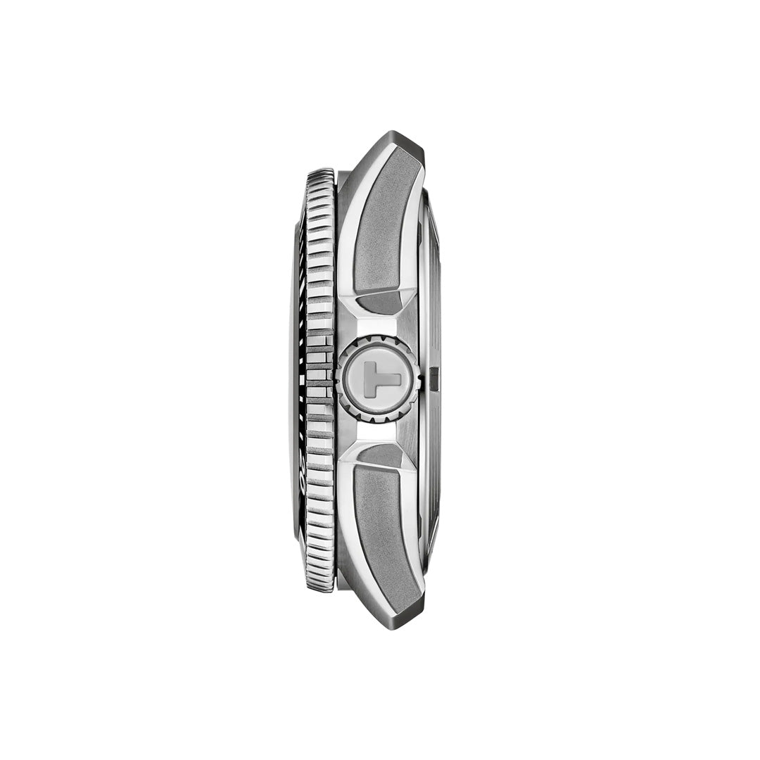 Side view of a silver Tissot Seastar 2000 Powermatic 80 Automatic 44mm Watch featuring a prominent ridged bezel, visible crown, and angular lugs, displayed against a plain white background. This Tissot timepiece combines elegance with exceptional durability.