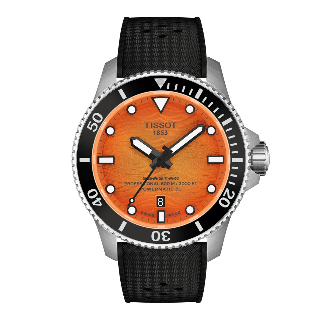 The Tissot Seastar 2000 Powermatic 80 Automatic 44mm Watch features an orange dial, a black rotating bezel, silver hour markers, bold hour and minute hands, a black strap, and a date display at the 6 o'clock position.