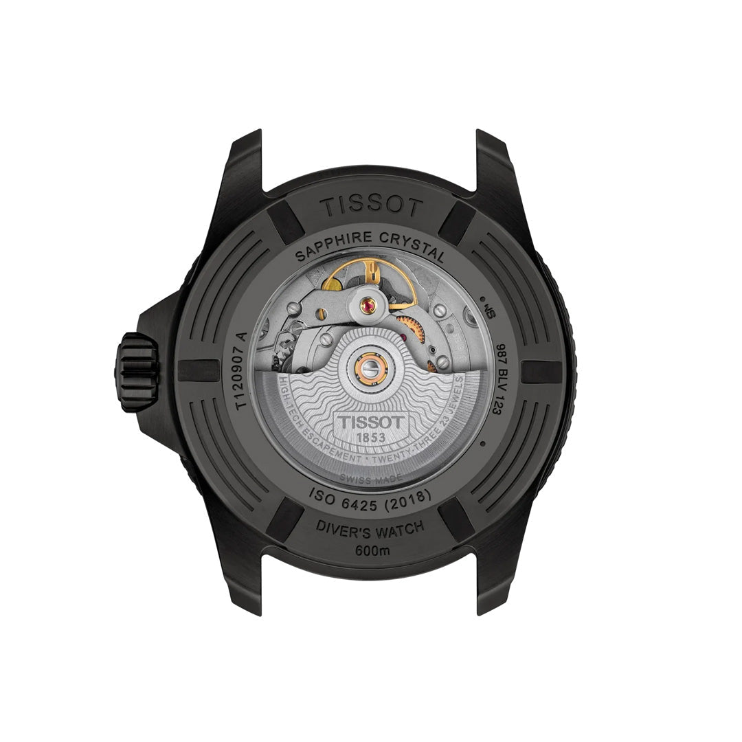 Back view of the Tissot Seastar 2000 Powermatic 80 Automatic 44mm Watch reveals its exposed mechanical movement, with “Sapphire Crystal,” “Diver’s Watch 600m,” “ISO 6425 (2018),” and additional technical specifications engraved around the case—an exceptional Tissot diving watch designed for underwater exploration.