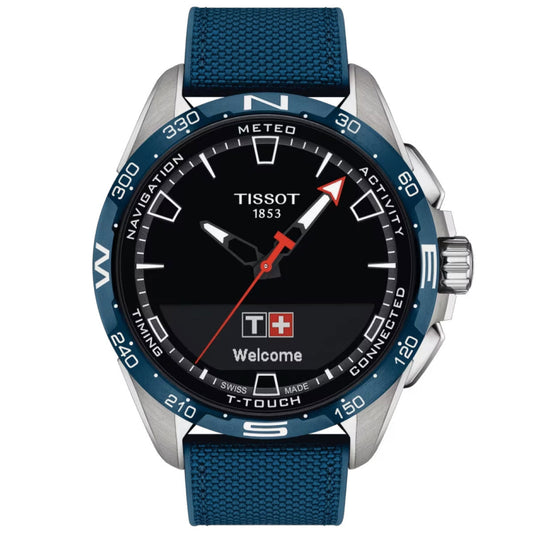 Presenting the Tissot T-Touch Connect Solar Quartz 47.5mm Smart Watch, a sophisticated timepiece that features a Swiss connected quartz movement with digital display and analog hands. It is crafted with an antimagnetic titanium case and enhanced by a blue bezel featuring compass directions. The watch is completed with a stylish blue strap. Its screen welcomes you with "Welcome" displayed alongside a Swiss flag icon, while also offering navigation and meteo functionalities.