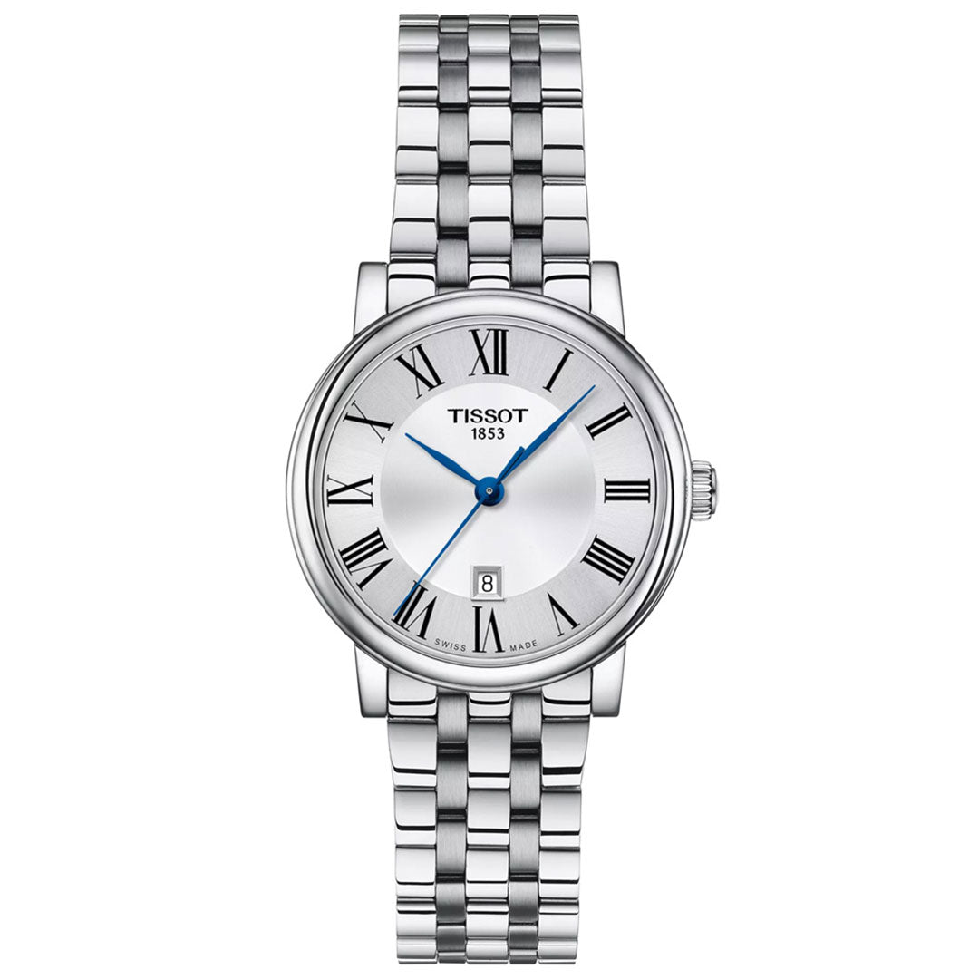 The Tissot Carson Premium Quartz 30mm Watch features a silver-tone metal link band, elegant dial with Roman numerals, blue hands, and a date window above 6 o’clock—a classic timepiece from Tissot.
