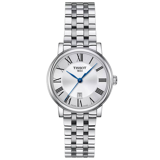 The Tissot Carson Premium Quartz 30mm Watch features a silver-tone metal link band, elegant dial with Roman numerals, blue hands, and a date window above 6 o’clock—a classic timepiece from Tissot.
