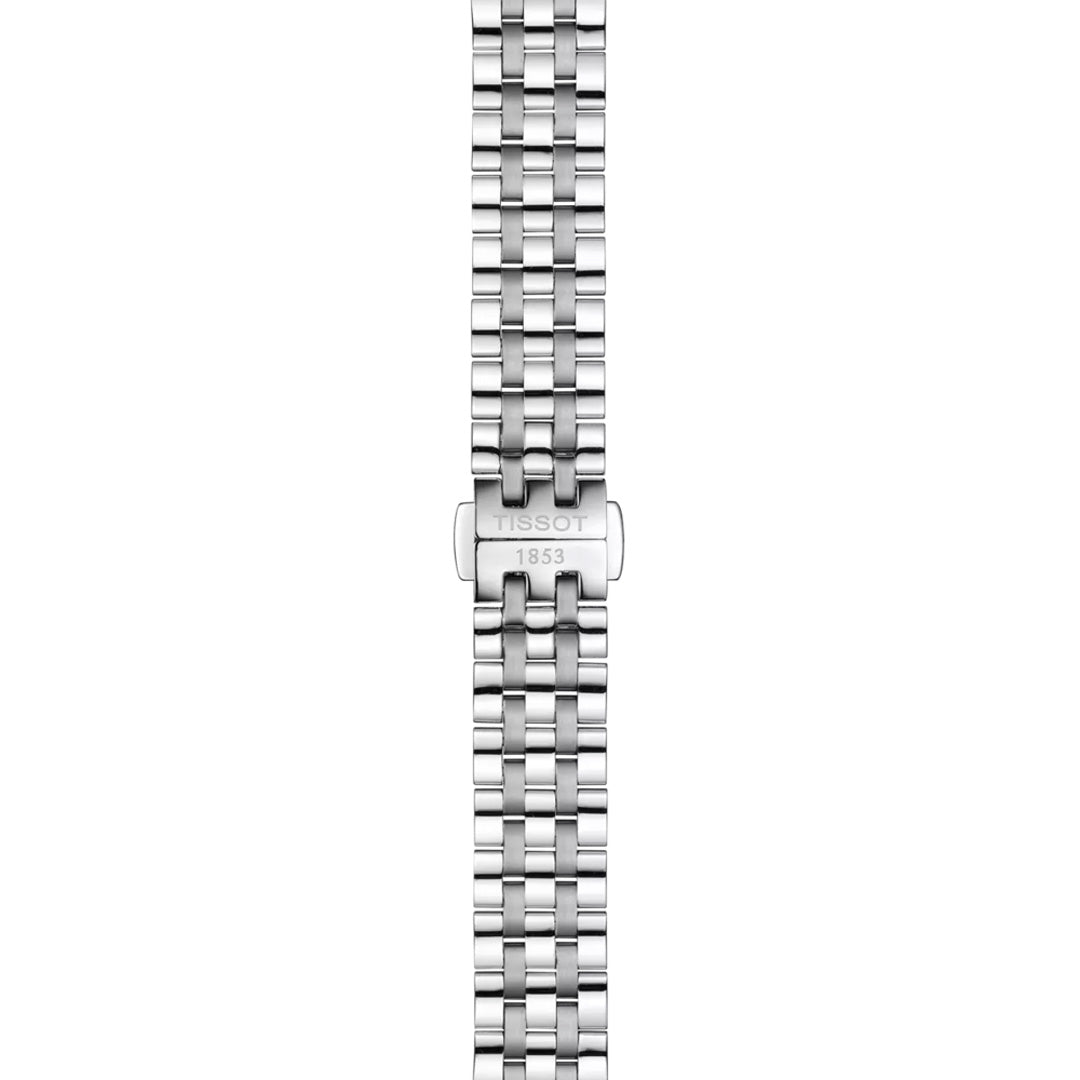 A stainless steel bracelet for the Tissot Carson Premium Quartz 30mm Watch features a multi-link design, polished finish, and a butterfly clasp engraved with "TISSOT 1853," perfectly complementing the watch’s elegant dial.