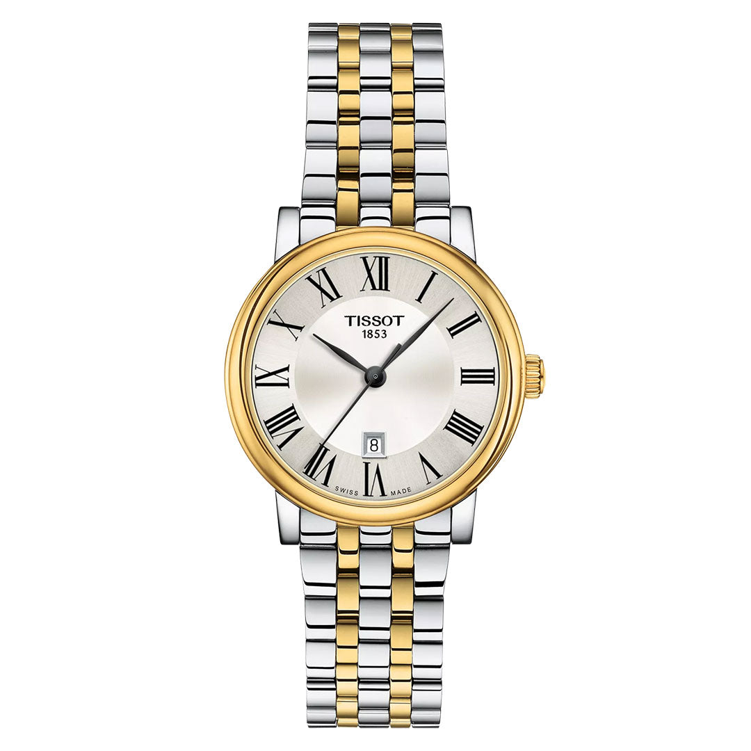 The Tissot Carson Premium Quartz 30mm Watch features a gold and silver stainless steel bracelet, round silver dial with black Roman numerals, gold bezel, and a date display at 6 o'clock.