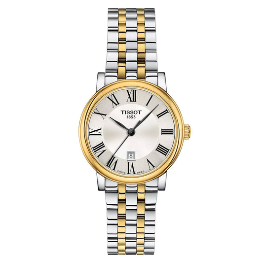The Tissot Carson Premium Quartz 30mm Watch features a gold and silver stainless steel bracelet, round silver dial with black Roman numerals, gold bezel, and a date display at 6 o'clock.
