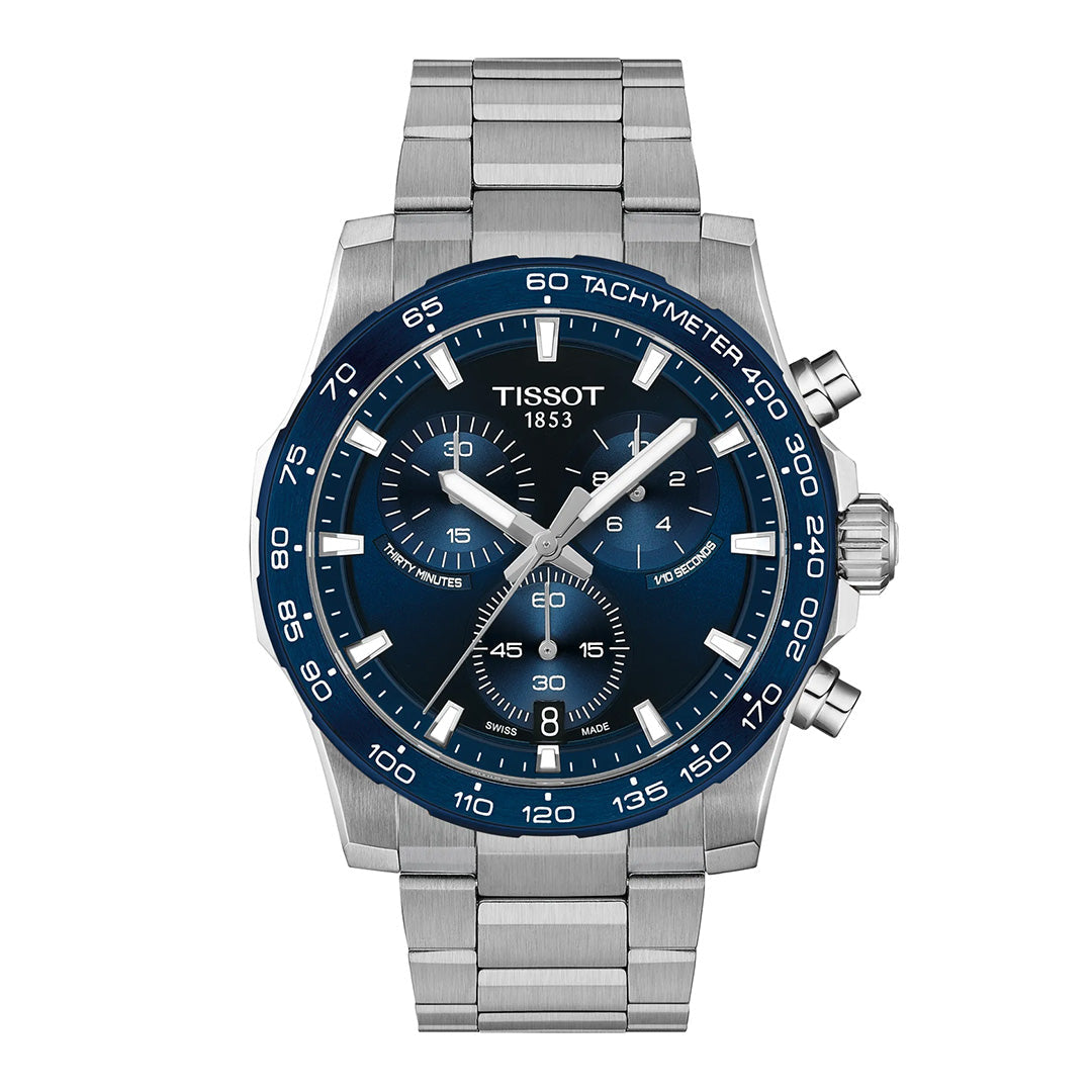 The Tissot Supersport Chrono Quartz 42mm Watch features a striking blue dial with three subdials, a matching blue bezel, silver hour markers, and a stainless steel bracelet—available at Raffi Jewellers.