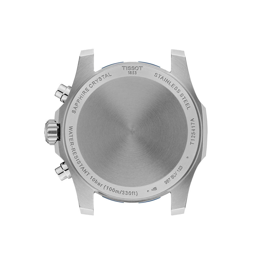 Back of the Tissot Supersport Chrono Quartz 42mm Watch case, crafted in stainless steel and featuring engravings for sapphire crystal, water resistance (10 bar/100m/330ft), and model specifics. The crown and pushers appear on the left side—an elegant sports chronograph by Tissot, available at Raffi Jewellers.