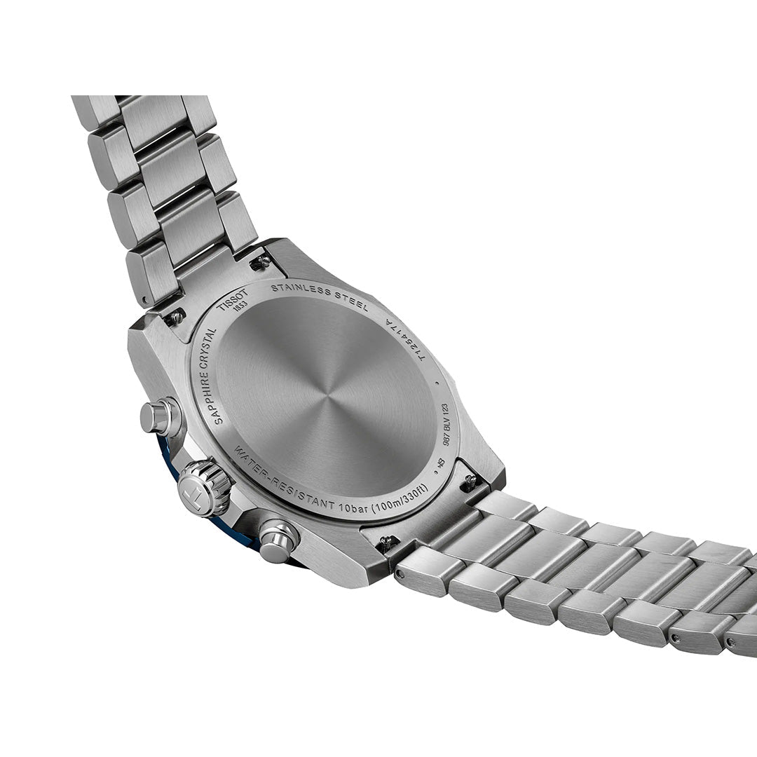 Close-up of the back of a Tissot Supersport Chrono Quartz 42mm Watch with a stainless steel band, highlighting engravings and details such as water resistance, sapphire crystal, and quartz movement on the case back.