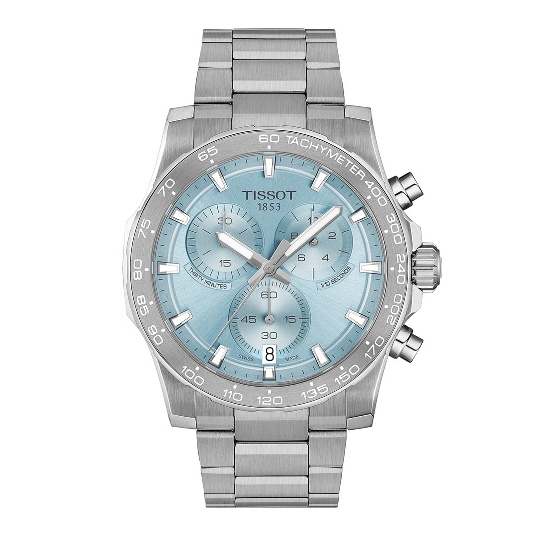 The Tissot Supersport Chrono Quartz 42mm Watch by Tissot features a silver-tone metal bracelet, a light blue chronograph dial with three subdials, and a date window at six o’clock. The tachymeter is marked on the bezel, enhancing this refined sports chronograph available at Raffi Jewellers.