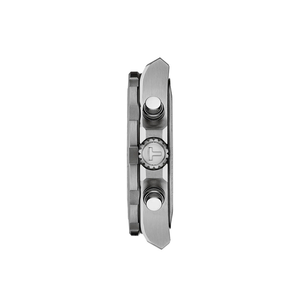Side view of the Tissot Supersport Chrono Quartz 42mm Watch in silver, displaying the branded crown centered between two push buttons and emphasizing its refined sports chronograph design, available at Raffi Jewellers.