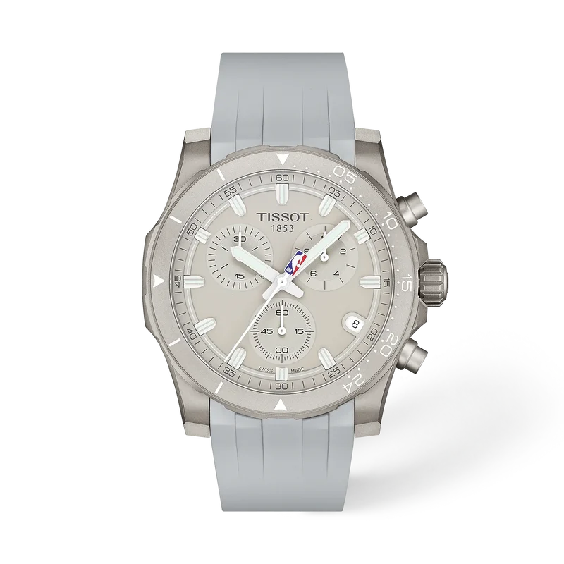 Tissot Supersport NBA Edition Chrono Quartz 42mm watch featuring a light gray dial, three subdials, a date window, and a matching light gray silicone strap.
