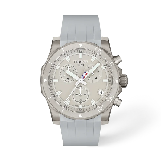Tissot Supersport NBA Edition Chrono Quartz 42mm watch featuring a light gray dial, three subdials, a date window, and a matching light gray silicone strap.