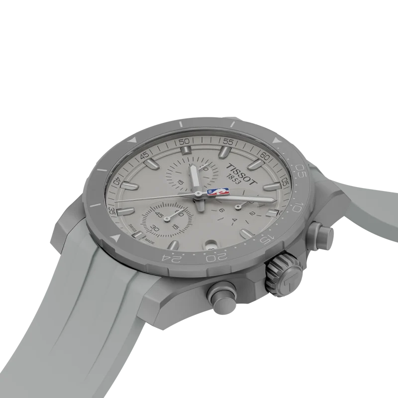 Gray Tissot Supersport NBA Edition Chrono Quartz 42mm Watch with a rubber strap, featuring a dial with three subdials and a small NBA logo.