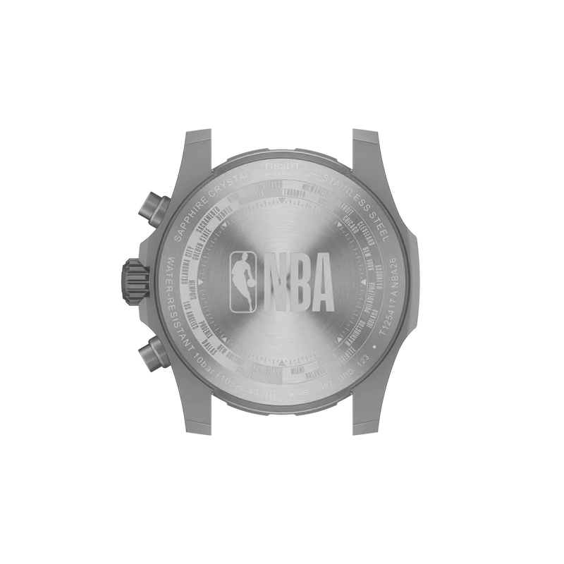 The case back of a Tissot Supersport NBA Edition Chrono Quartz 42mm Watch featuring an embossed NBA logo surrounded by a circular list of team names.