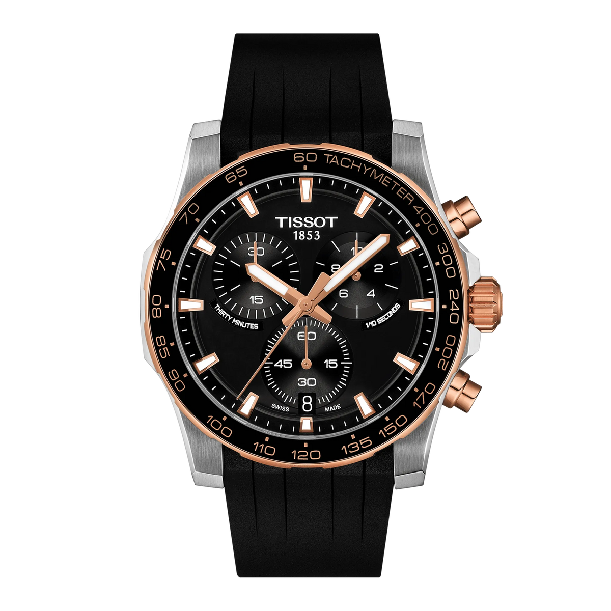 Tissot Supersport Chrono Quartz 42mm Watch with a black dial, gold-tone accents, three sub-dials, a tachymeter bezel, and a black silicone strap.