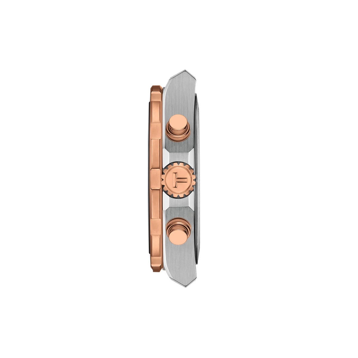 Side view of a two-tone Tissot Supersport Chrono Quartz 42mm Watch with a silver case and rose gold crown and pushers.